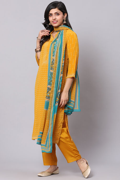 Yellow Crepe Digital Print Unstitched Suit Set image number 6